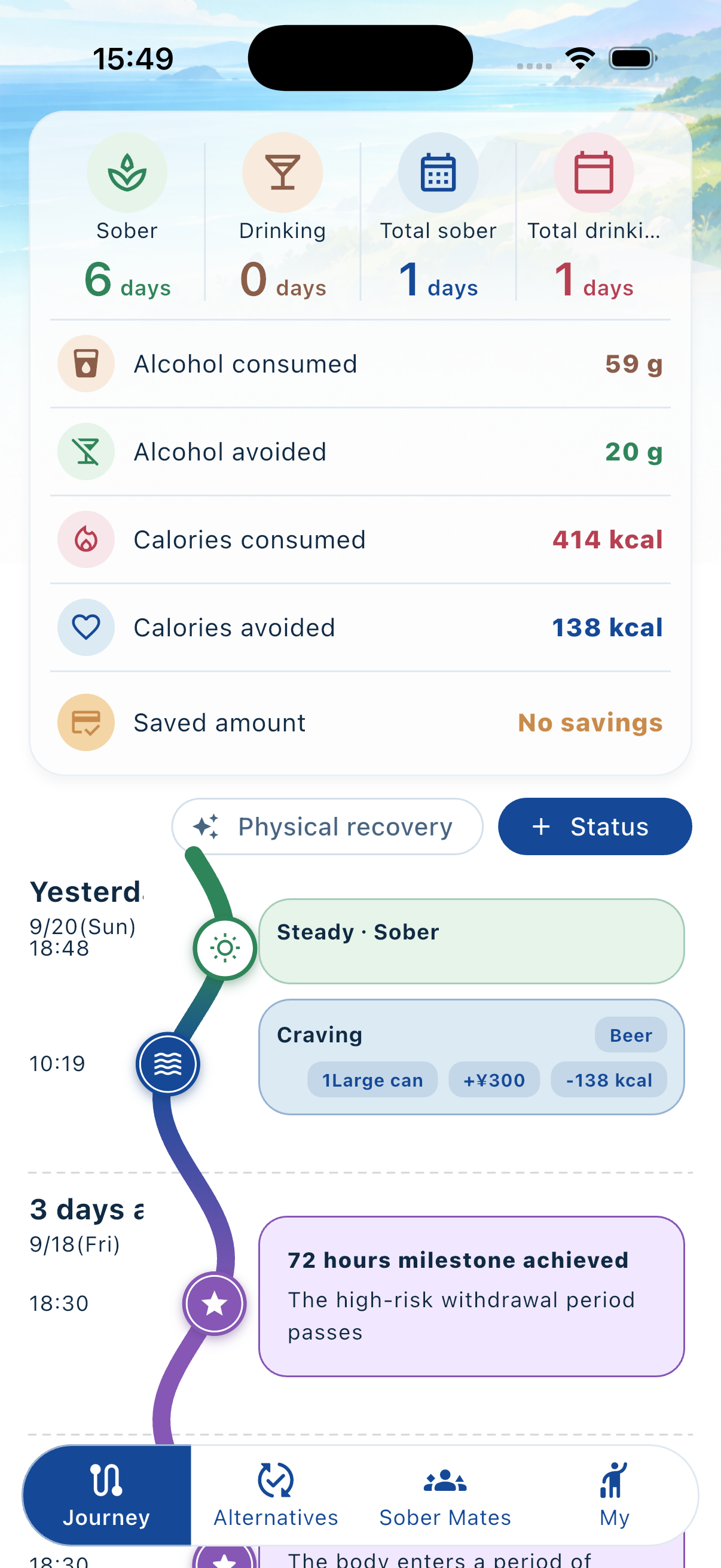 Sober Way journey timeline screen